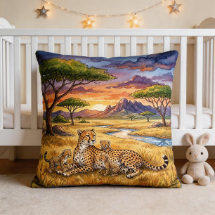 Cheetah Mama And Cubs Safari Animals  Throw Pillow