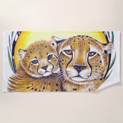 Cheetah Mom and Cub Ink Art Beach Towel