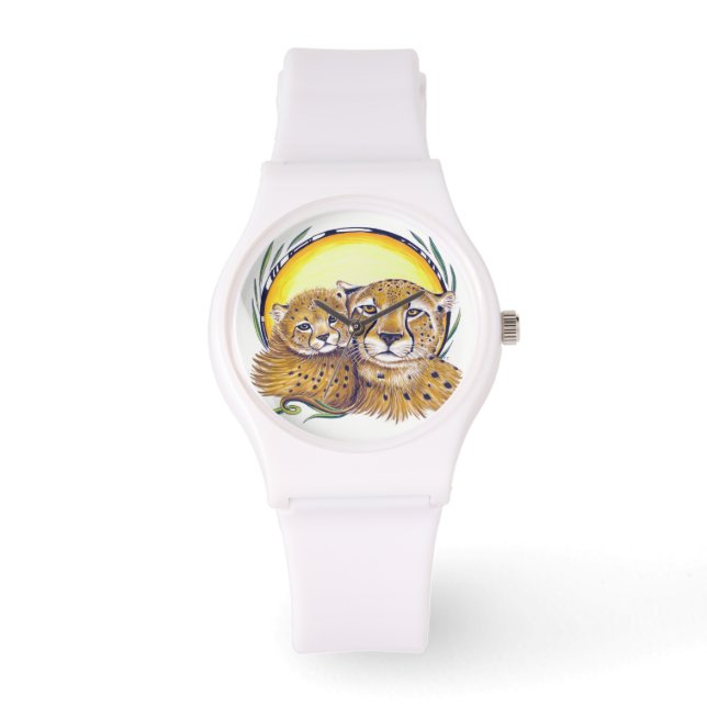 Cheetah Mom and Cub Ink Art Watch (Front)