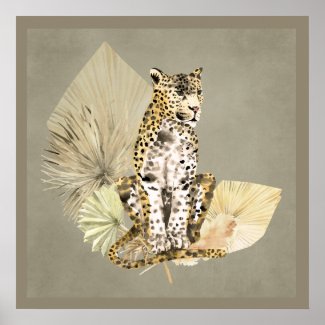 Cheetah on Palm Fronds Olive Green Poster