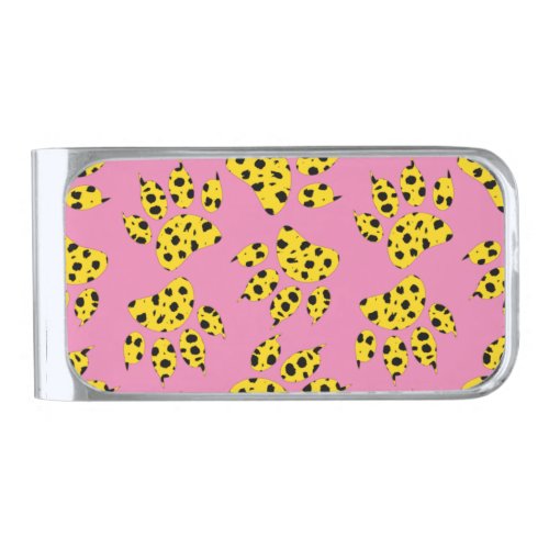 Cheetah Paw Print Pattern On Pink Silver Finish Money Clip
