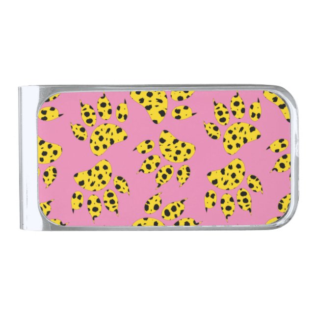 Cheetah Paw Print Pattern On Pink Silver Finish Money Clip (Front)