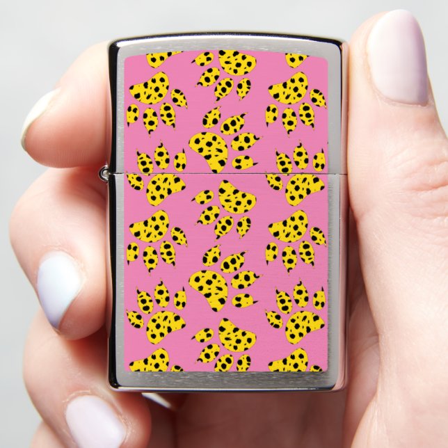 Cheetah Paw Print Pattern On Pink Zippo Lighter (In Hand)