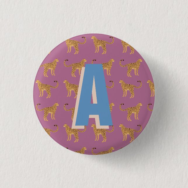Cheetah, pink leopard monogrammed button (Front)