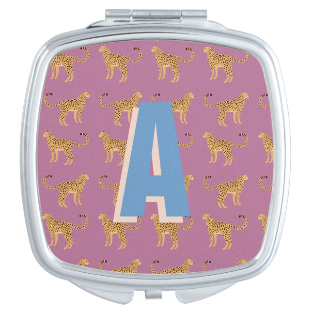 Cheetah, pink leopard monogrammed compact mirror (Front)