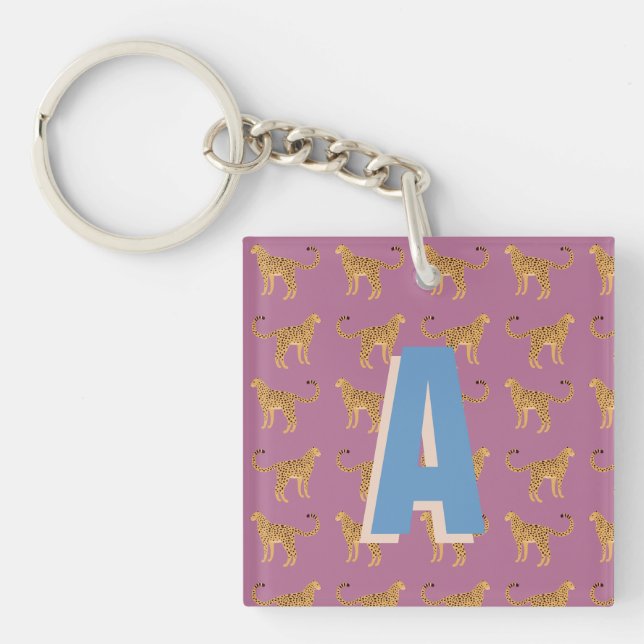Cheetah, pink leopard monogrammed keychain (Front)