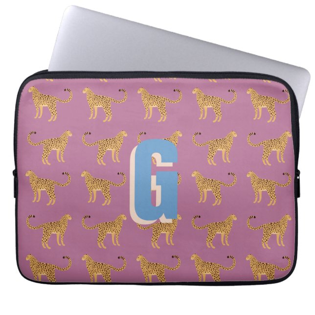 Cheetah, pink leopard monogrammed laptop sleeve (Front)