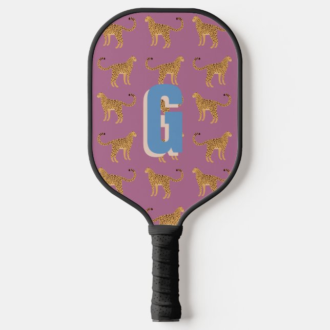 Cheetah, pink leopard monogrammed pickleball paddle (Front)