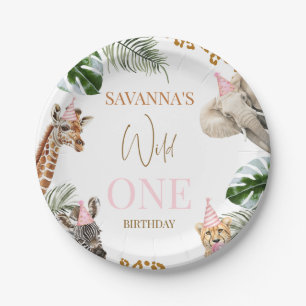 Cheetah Pink Print Safari Wild One 1st Birthday Paper Plates