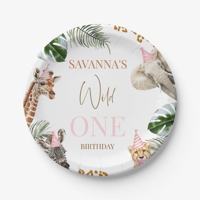 Cheetah Pink Print Safari Wild One 1st Birthday  Paper Plates (Front)