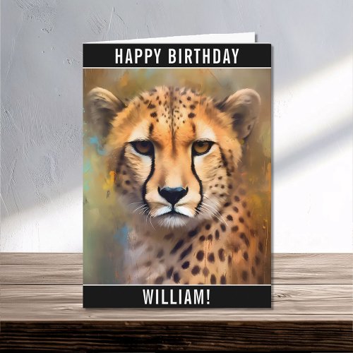 Cheetah Portrait Happy Birthday Name Card