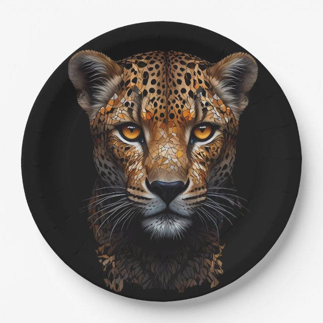 Cheetah Portrait on black Paper Plates (Front)