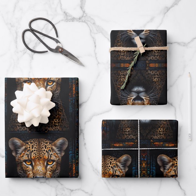 Cheetah portrait set on mosaic black wrapping paper sheets (Front)