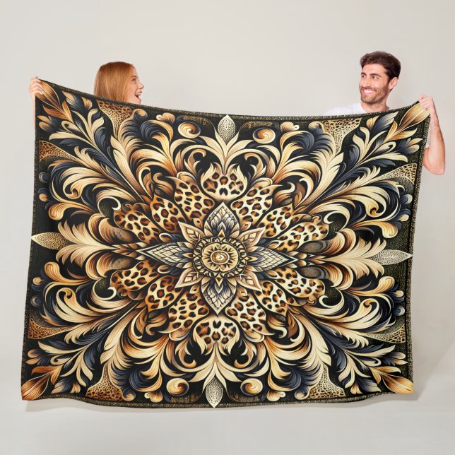 Cheetah Print Acanthus Leaf Floral Petal Accent Fleece Blanket (In Situ)