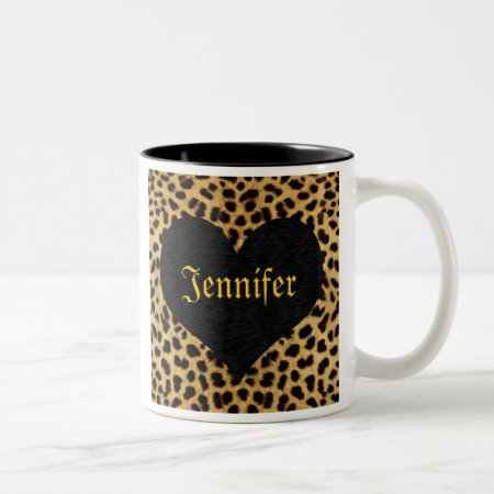 Cheetah Print Black Heart - Custom Name Two-tone Coffee Mug