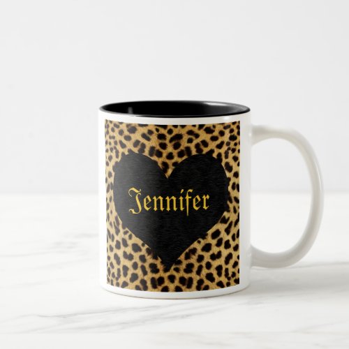 Cheetah Print Black Heart _ Custom Name Two_Tone Coffee Mug