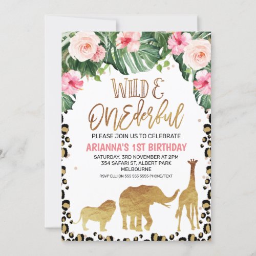 Cheetah Print Floral Gold Safari Wild One Birthday Invitation
