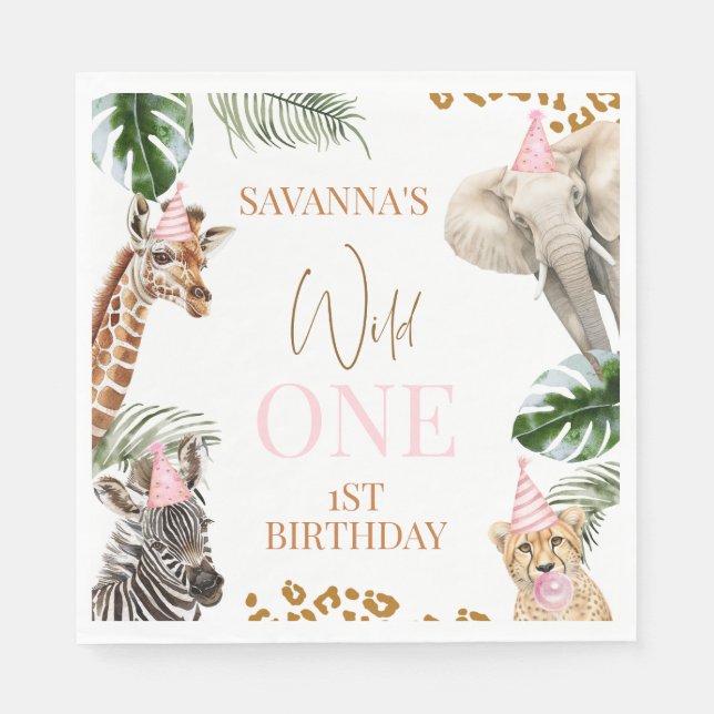 Cheetah Print Girls Safari Wild One 1st Birthday Napkins (Front)