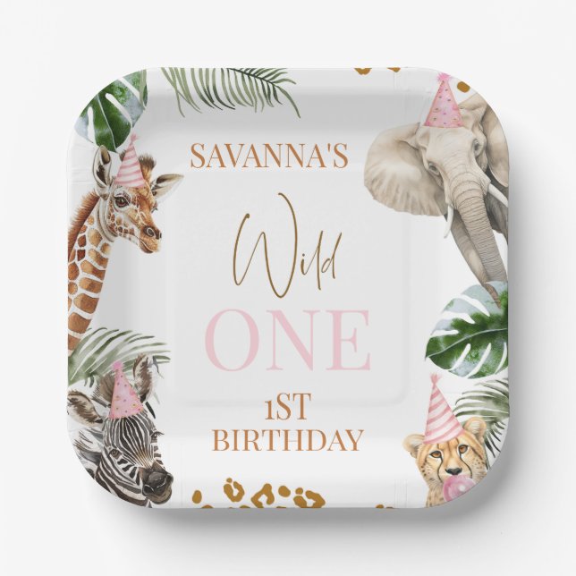 Cheetah Print Girls Safari Wild One 1st Birthday Paper Plates (Front)