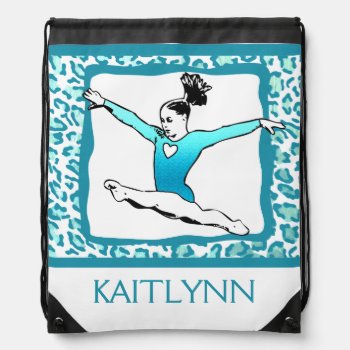 Cheetah Print Gymnastics In Turquoise W/ Monogram Drawstring Bag by GollyGirls at Zazzle