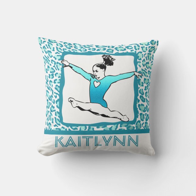 Cheetah Print Gymnastics in Turquoise w/ Monogram Throw Pillow (Front)