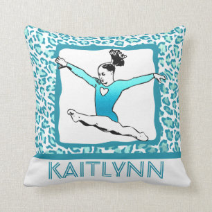 Cheetah Print Gymnastics in Turquoise w/ Monogram Throw Pillow