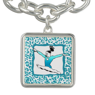 Cheetah Print Gymnastics Turquoise Charm Bracelet