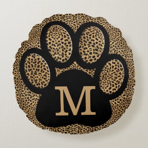 Cheetah Print Monogrammed Cat Paw Print Round Pillow