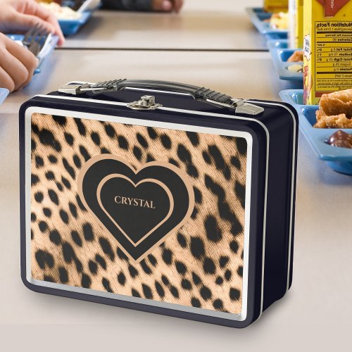 Cheetah Print Pattern Tan Brown  Black Heart Metal Lunch Box