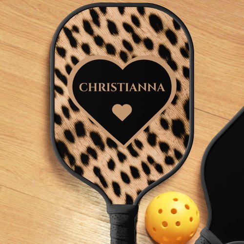 Cheetah Print Pattern Tan Brown  Black Heart Pickleball Paddle