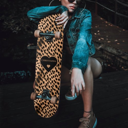 Cheetah Print Pattern Tan Brown  Black Heart Skateboard