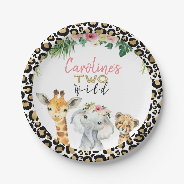 Cheetah Print Safari Glitter Two Wild Birthday Paper Plates (Front)