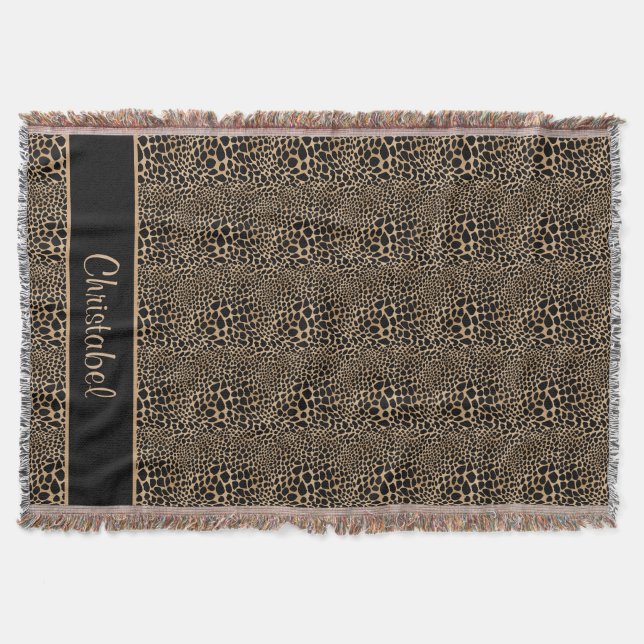 Cheetah Print Spots Black & Tan Custom Name Throw Blanket (Front)