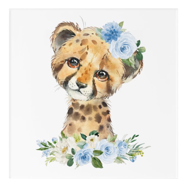 Cheetah, Safari, Jungle, Blue Flowers, Boy Nursery Acrylic Print (Front)