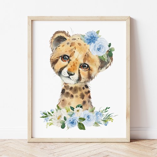 Cheetah Safari Jungle Blue Flowers Boy Nursery Photo Print