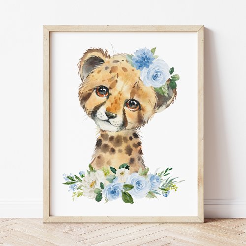 Cheetah Safari Jungle Blue Flowers Boy Nursery Poster