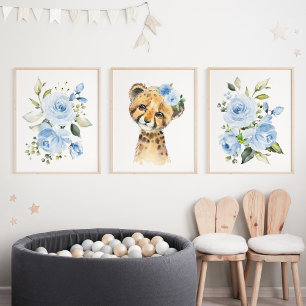 Cheetah, Safari, Jungle, Blue Flowers, Boy Nursery Wall Art Sets