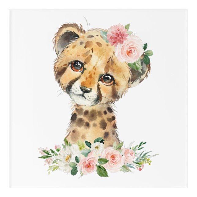 Cheetah, Safari, Pink Flowers, Girl Nursery Acrylic Print (Front)