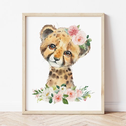 Cheetah Safari Pink Flowers Girl Nursery Poster