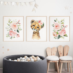 Cheetah, Safari, Pink Flowers, Girl Nursery Wall Art Sets