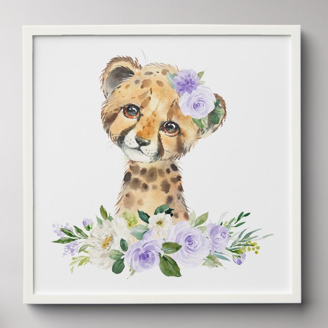 Cheetah, Safari, Purple Flowers, Gender Neutral Peel And Stick Photo Tile (Front Set)