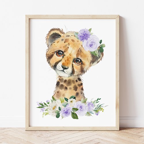 Cheetah Safari Purple Flowers Gender Neutral Photo Print