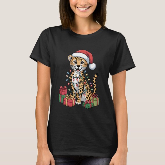 Cheetah Santa Hat Christmas Design Funny Wild Anim T-Shirt (Front)
