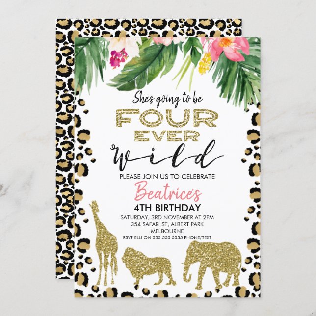 Cheetah Skin Four Ever Wild Birthday Invitation (Front/Back)
