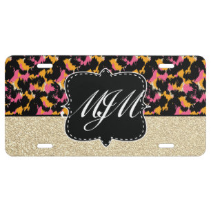 Cheetah Spots Animal Monogrammed  Glitter Gold License Plate