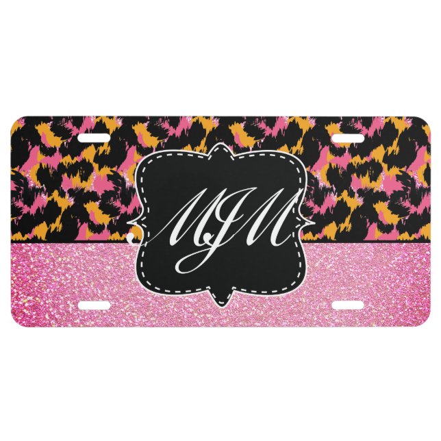 Cheetah Spots Animal Monogrammed  Glitter Pink License Plate (Front)