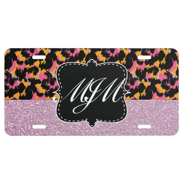 Cheetah Spots Animal Monogrammed Pink Glitter License Plate (Front)