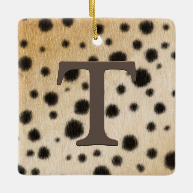 Cheetah Spots Fur Brown Monogram & Custom Message Ceramic Ornament (Front)