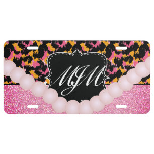 Cheetah Spots Monogrammed  Glitter Pink Pearls License Plate