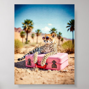 Cheetah Travel Print, Retro Desert Wall Art, Pink Poster